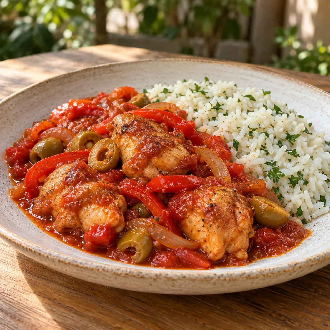 Frango ao molho de pimentão e azeitonas com arroz de salsa