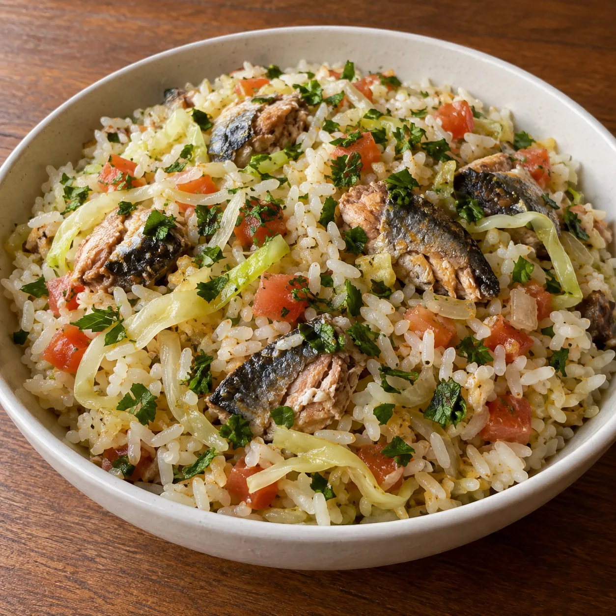 Arroz de panela com sardinha, repolho e tomate