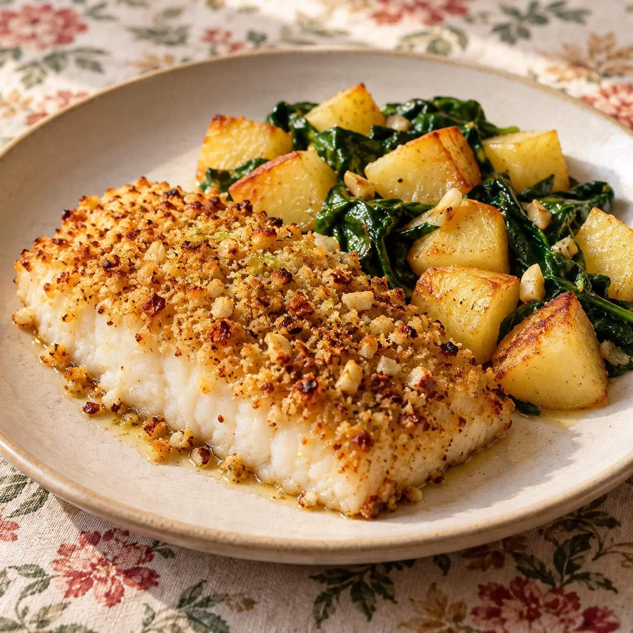 Pescada assada com crosta de castanha-de-caju e batatas com espinafre