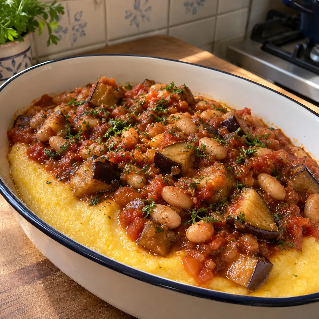 Polenta cremosa com ragu de berinjela e feijão-branco