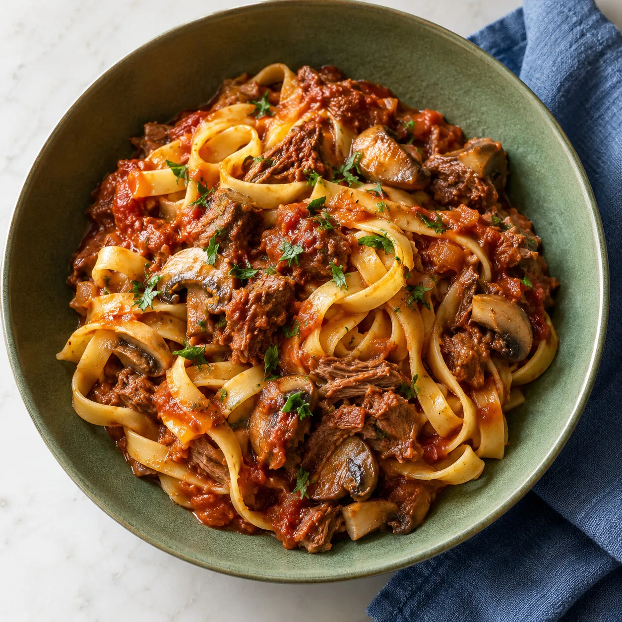 Tagliatelle com ragu de cordeiro e cogumelos