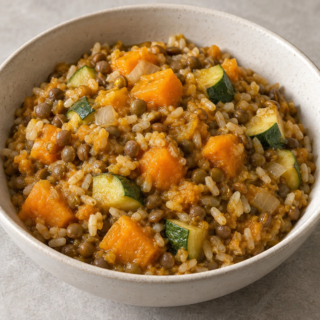 Arroz integral com lentilha, abóbora e abobrinha de panela