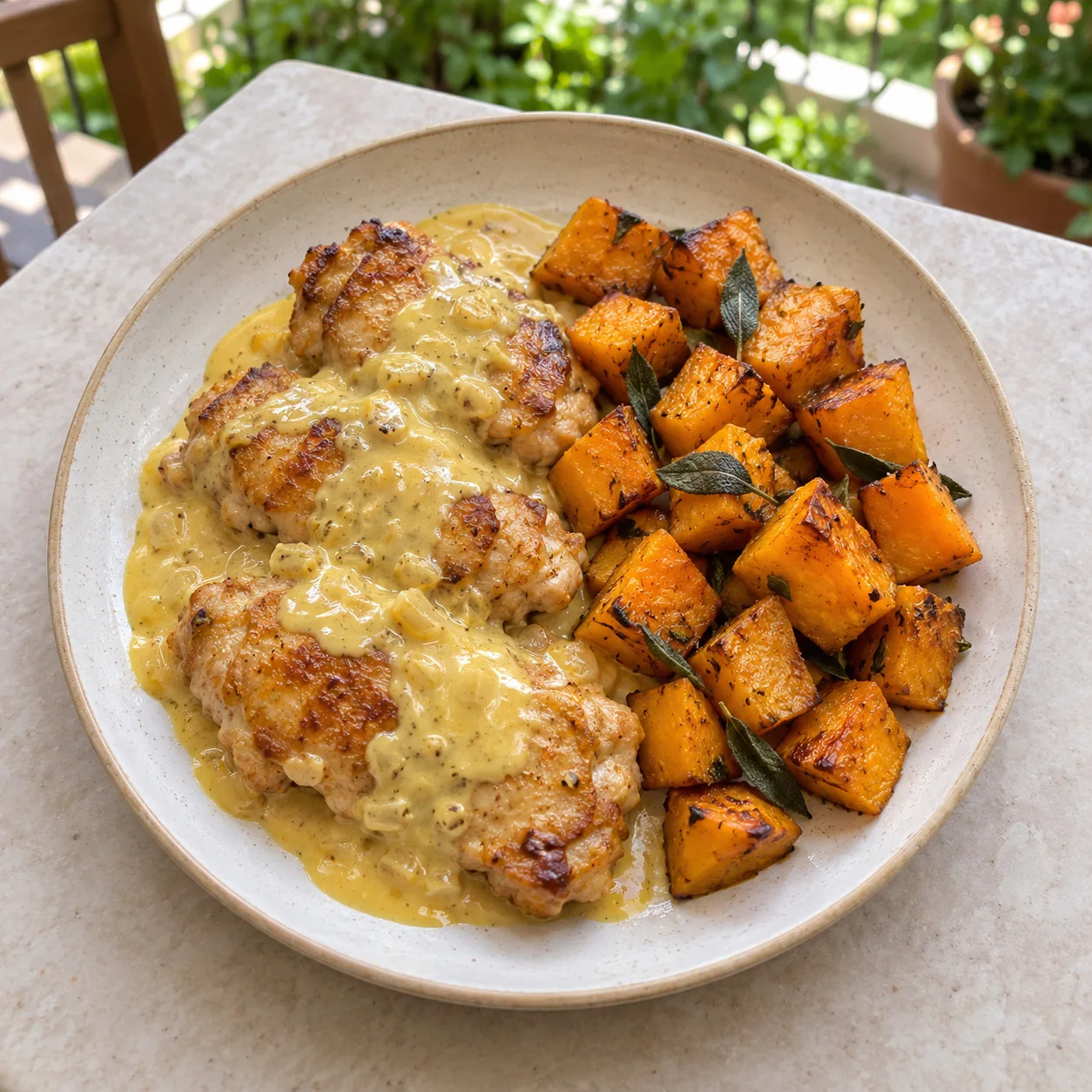Frango dourado com molho de mostarda e abóbora com sálvia