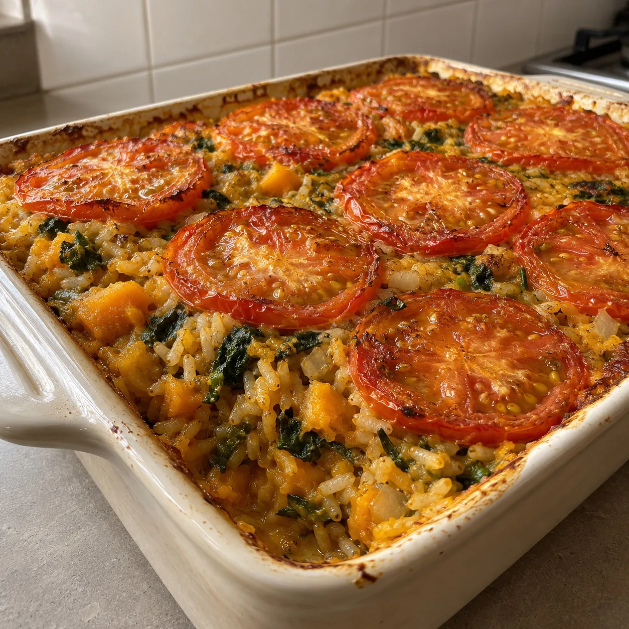 Arroz de forno com abóbora amassada, espinafre e tomate