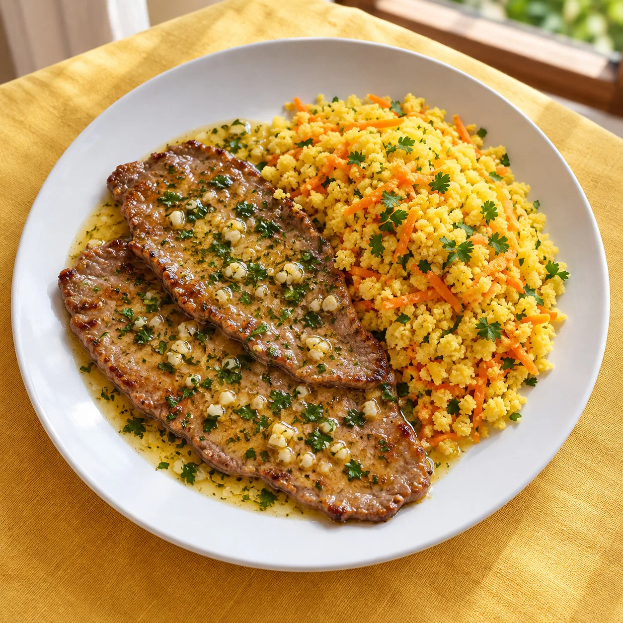 Escalopes bovinos ao limão com cuscuz de cenoura e salsa