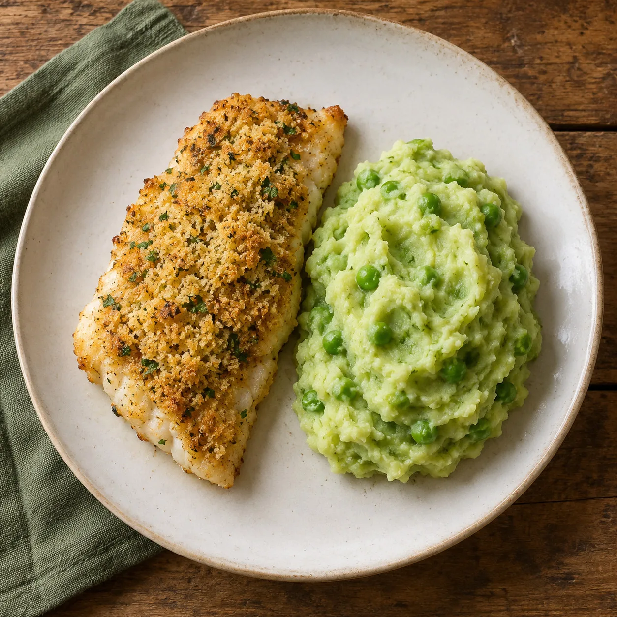 Filés de peixe com crosta de farinha de mandioca e purê de ervilhas