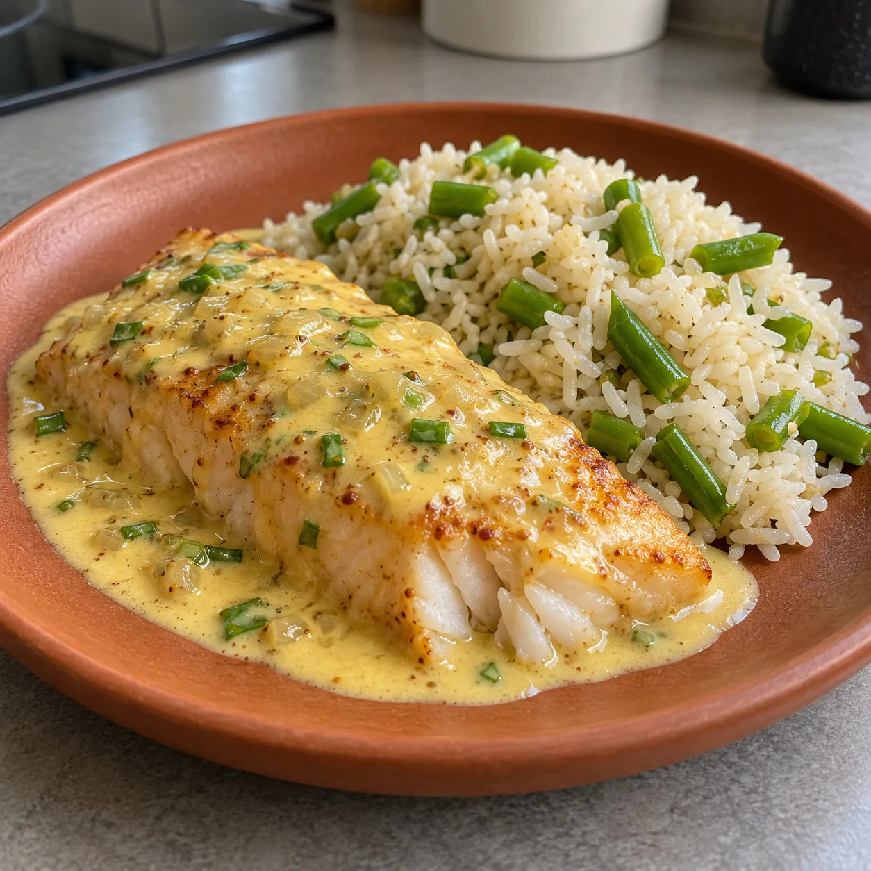 Pescada dourada com molho de mostarda e arroz de vagem