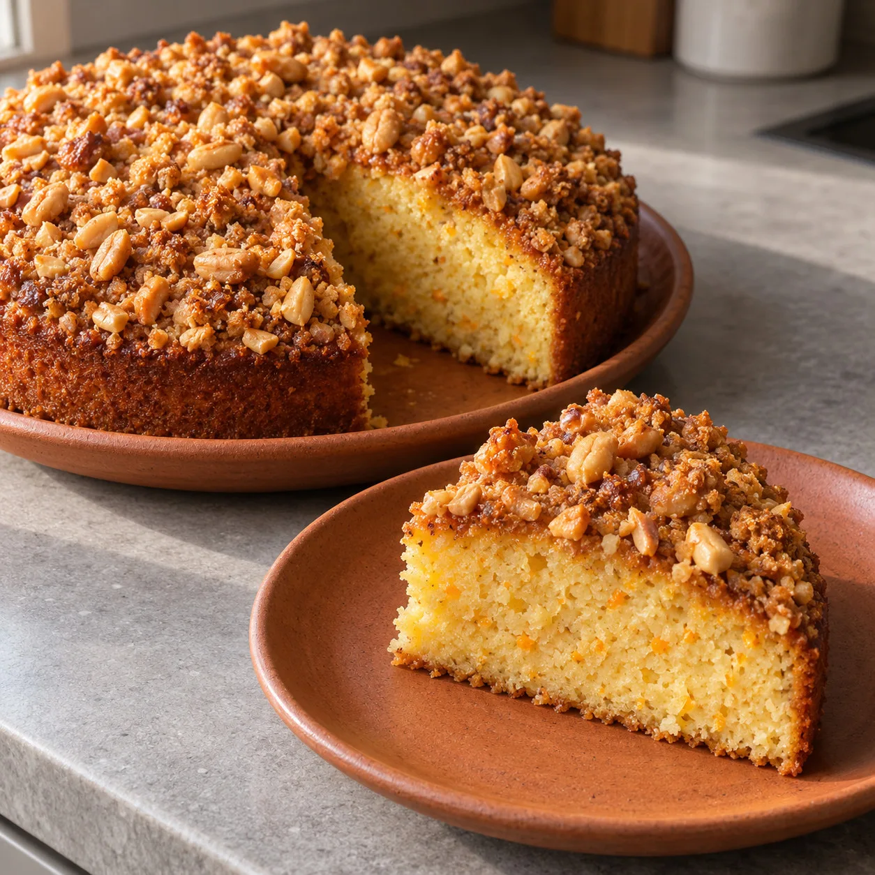 Bolo de mexerica com farofa crocante de amendoim