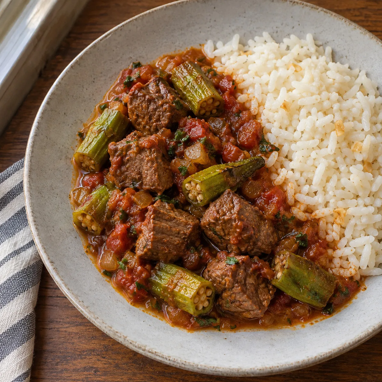 Picadinho de alcatra com quiabo e arroz de alho