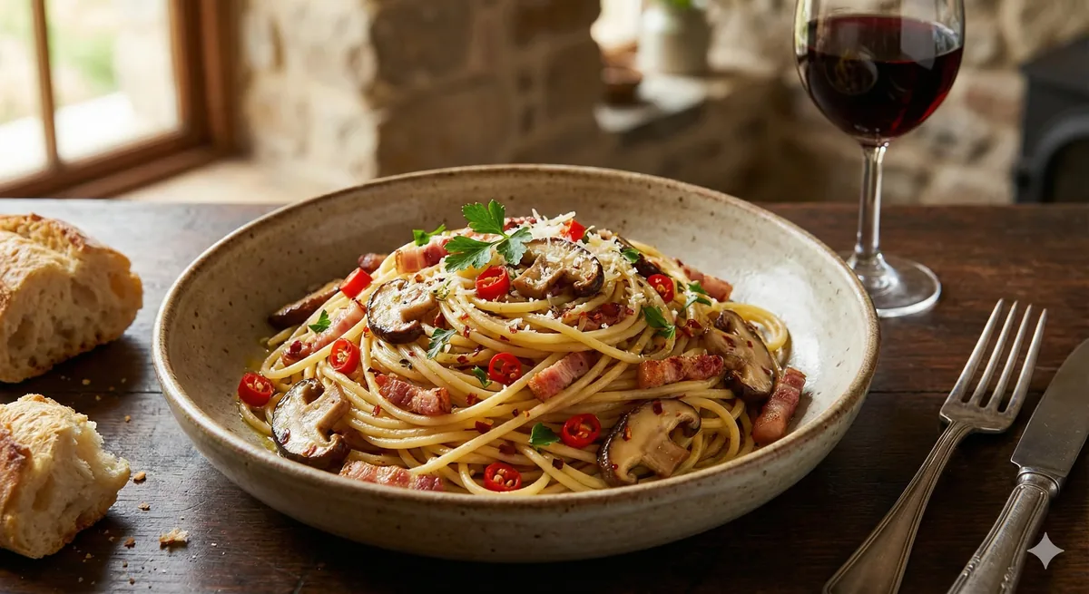 Espaguete Picante com Bacon e Cogumelos