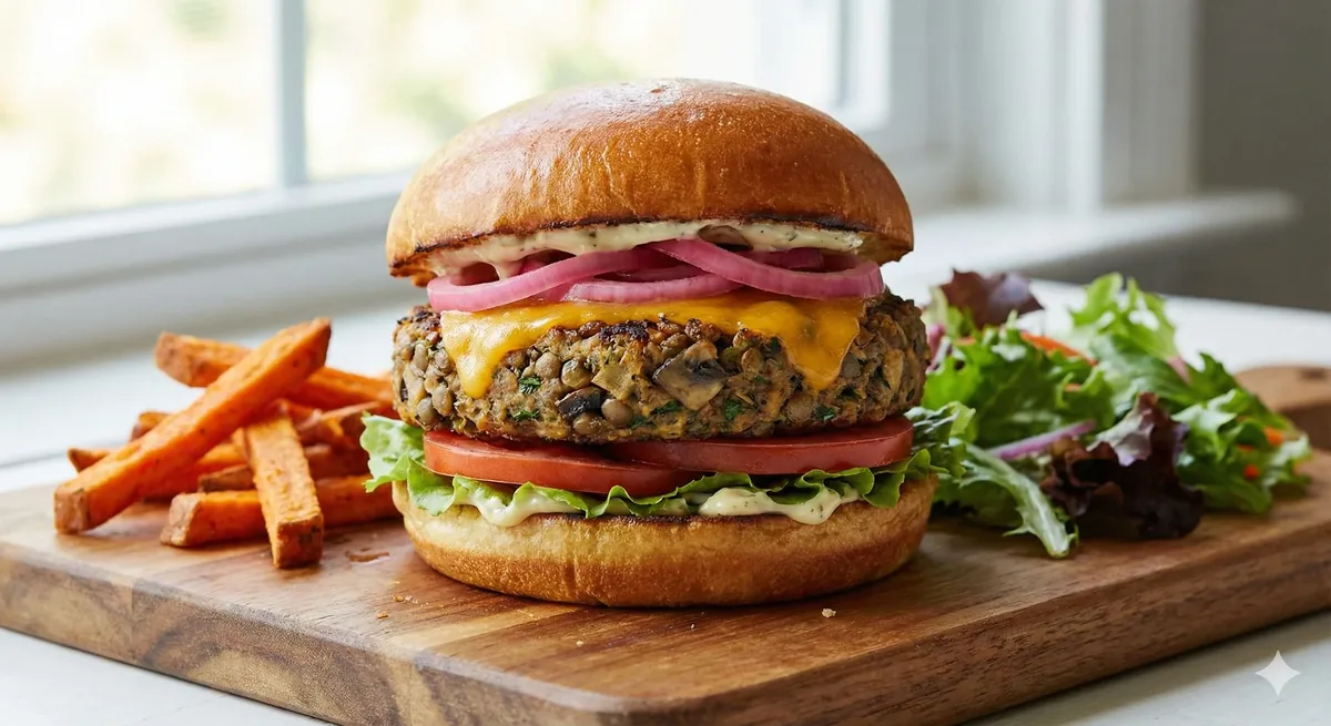 Hambúrguer Vegetariano de Lentilha e Cogumelos Fácil