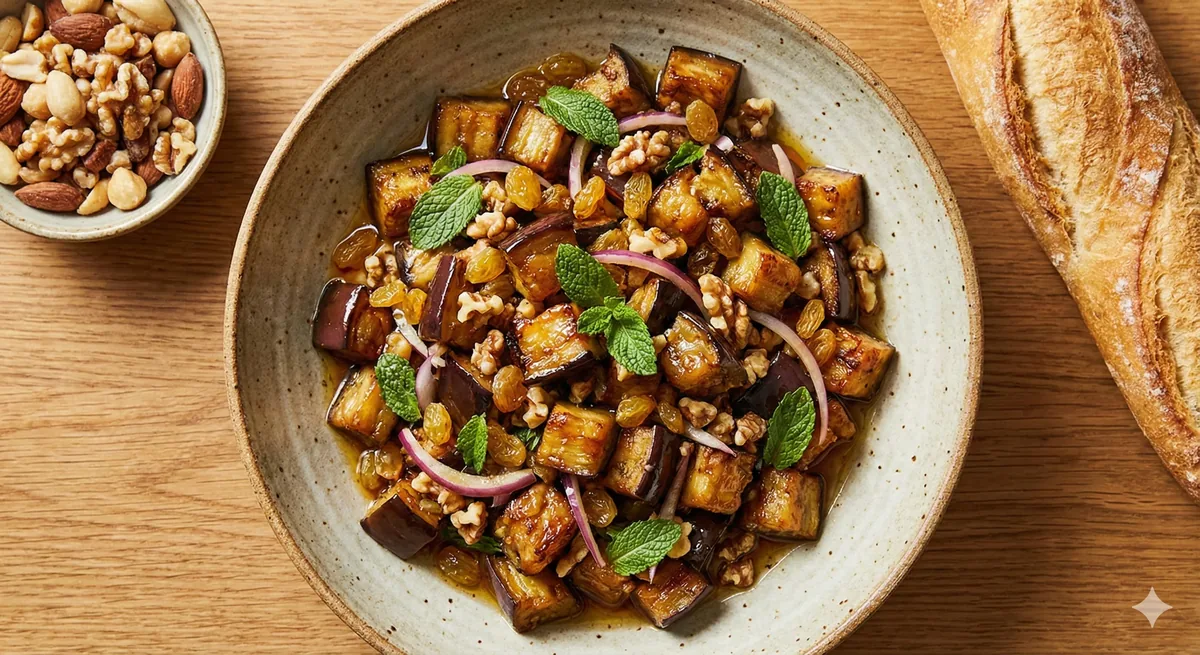 Salada de Berinjela Agridoce com Castanhas e Passas