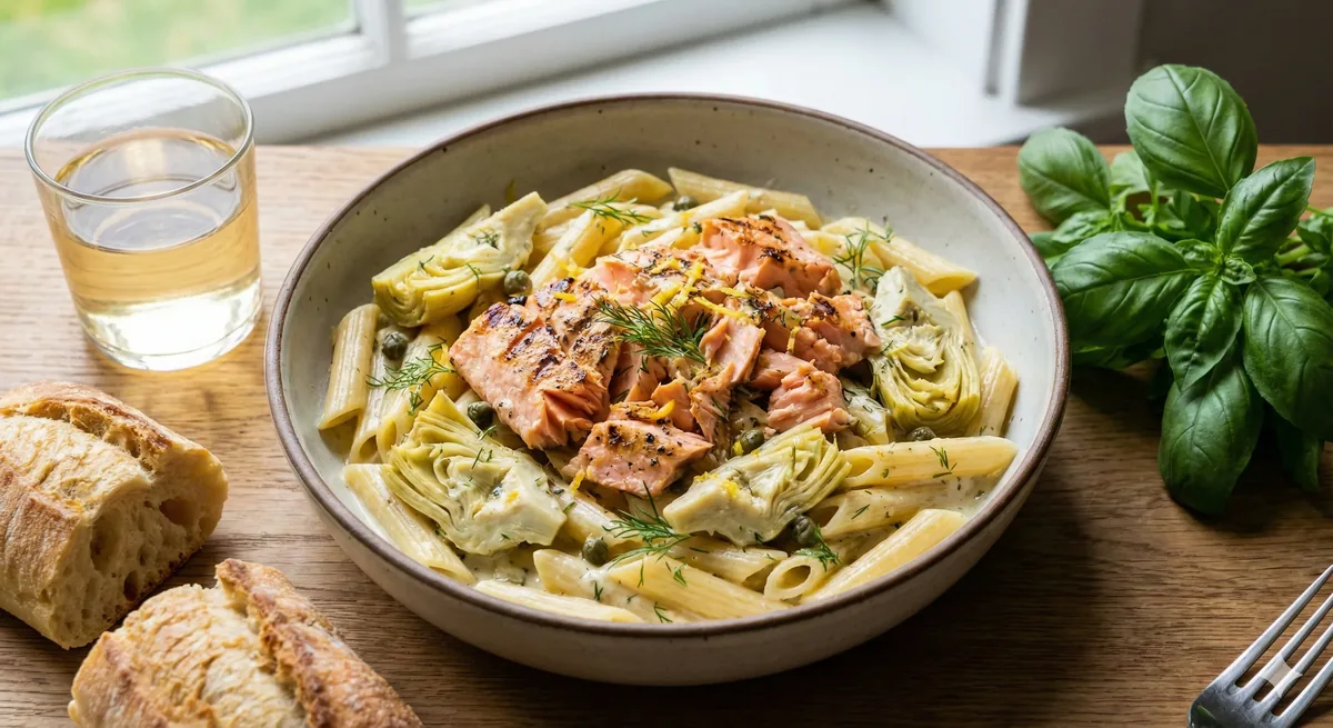 Macarrão Cremoso com Salmão e Alcachofra