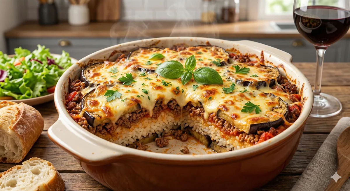 Gratinado de Arroz, Berinjela e Carne Moída: Sabor em Camadas