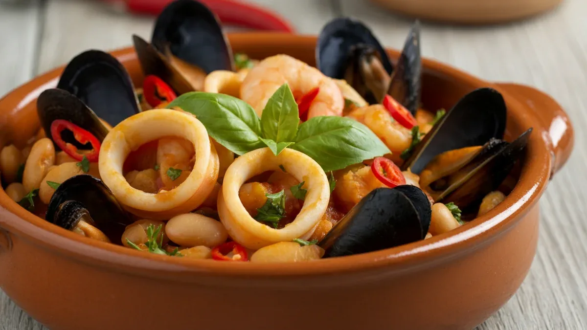 Molho de Frutos do Mar Frescos com Feijão Branco e Pimenta