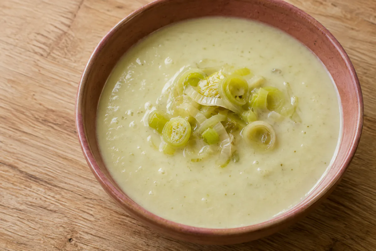 Sopa cremosa de alho-poró com cottage