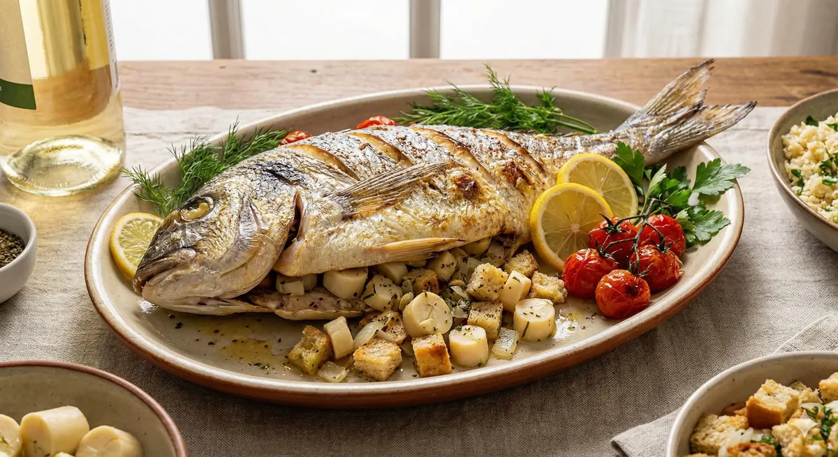 Peixe Dourado Recheado Assado com Palmito e Vinho Branco