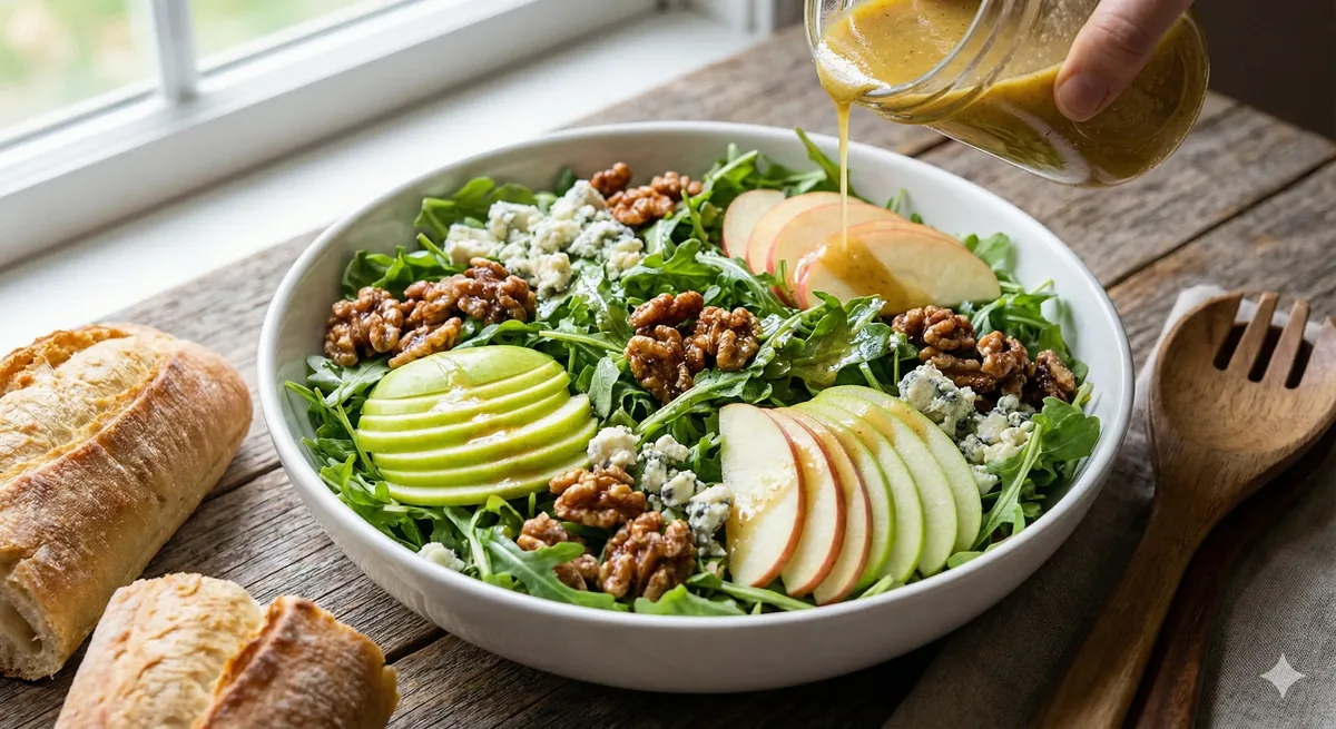 Salada de Rúcula, Maçã e Gorgonzola com Molho Especial
