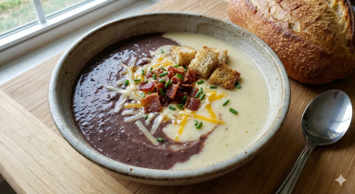 Sopa Bicolor de Feijão com Creme de Queijo Cremoso