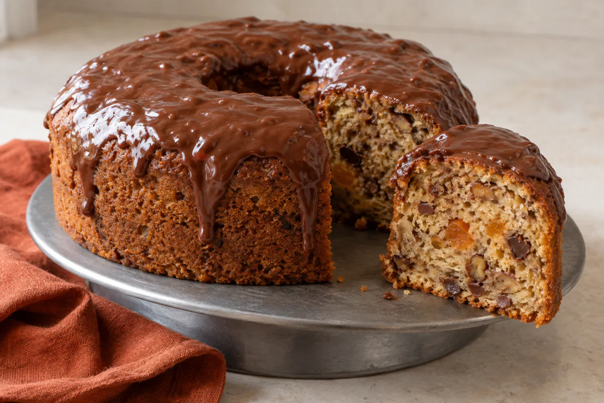 Bolo de frutas e nozes com chocolate
