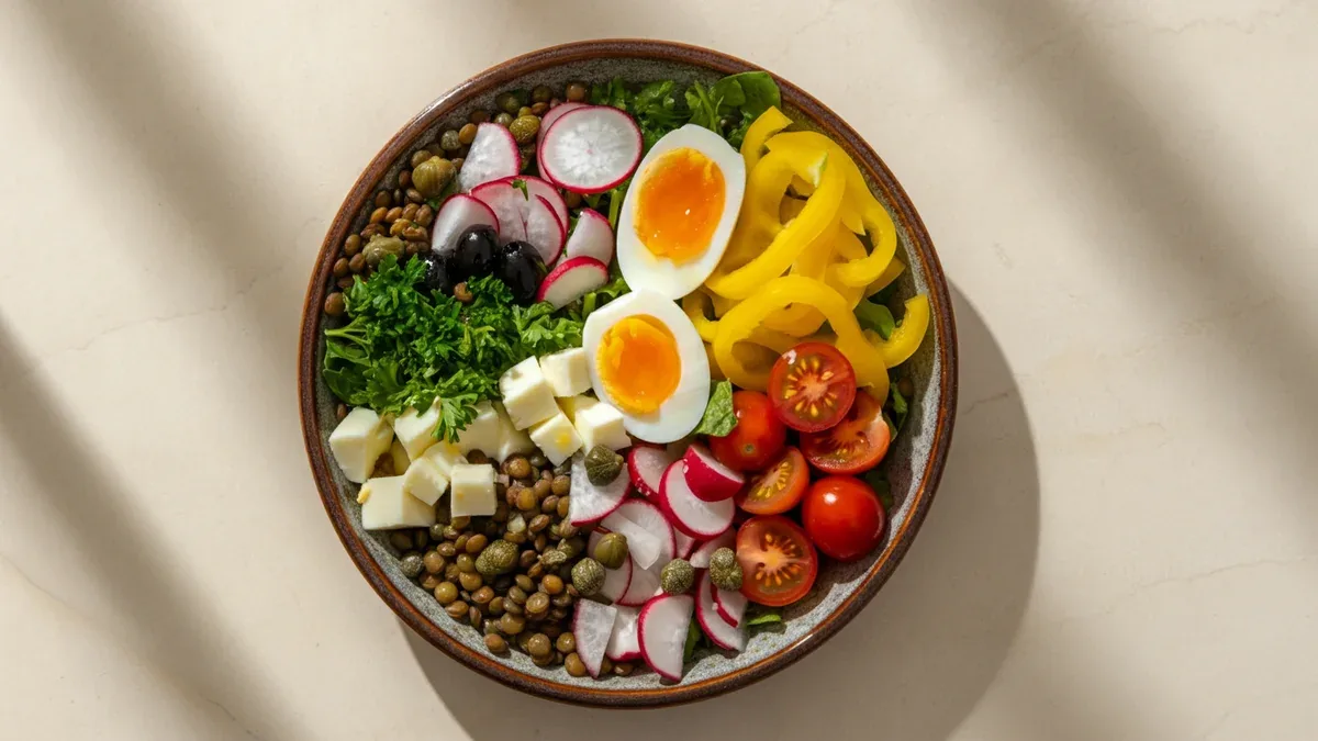 Salada de Lentilha Fresca com Queijo Minas e Vegetais