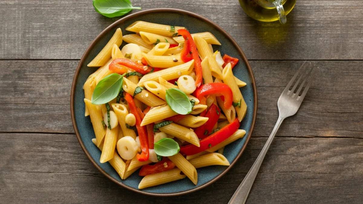 Penne Colorido com Pupunha, Pimentão e Manjericão Fresco