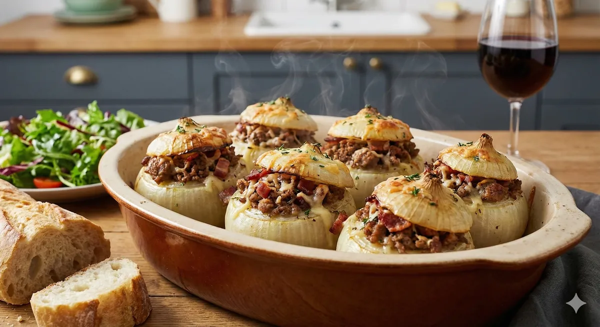 Cebolas Recheadas com Carne e Bacon: Sabor Caseiro ao Forno