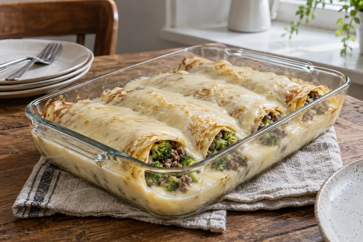 Panquecas de Carne Moída, Brócolis e Bechamel no Micro-ondas