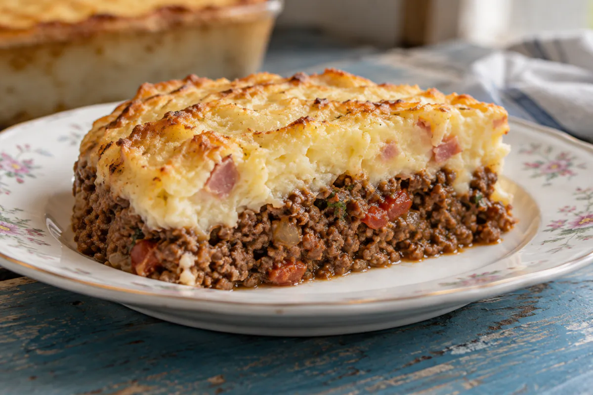 Torta de Carne Moída com Purê de Batata Cremoso