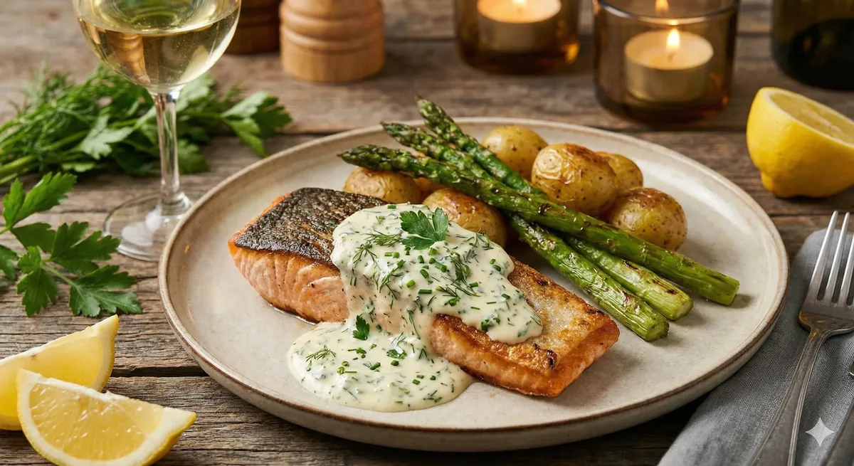 Salmão Grelhado com Molho Cremoso de Ervas Frescas