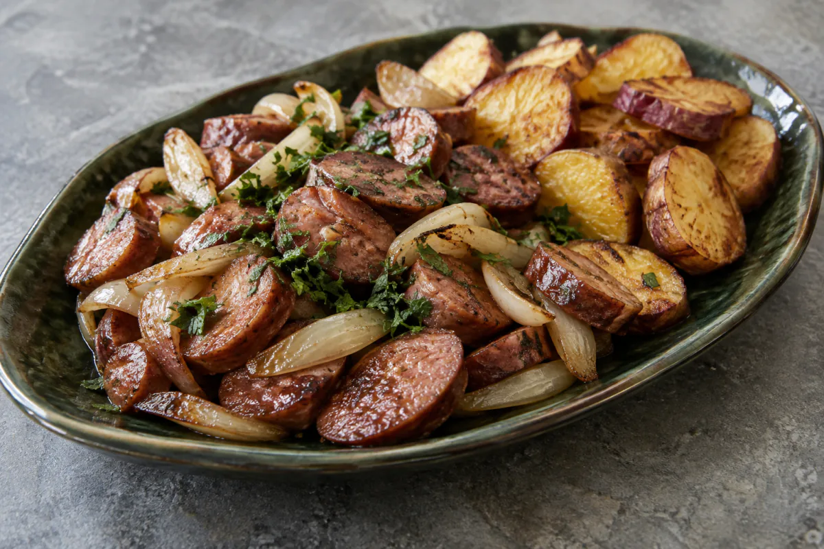 Linguiça na cachaça com batata-doce
