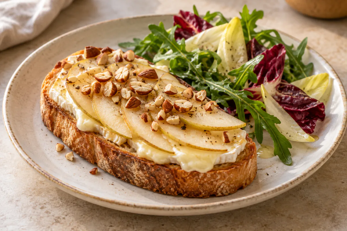 Bruschetta crocante de pera com brie e salada