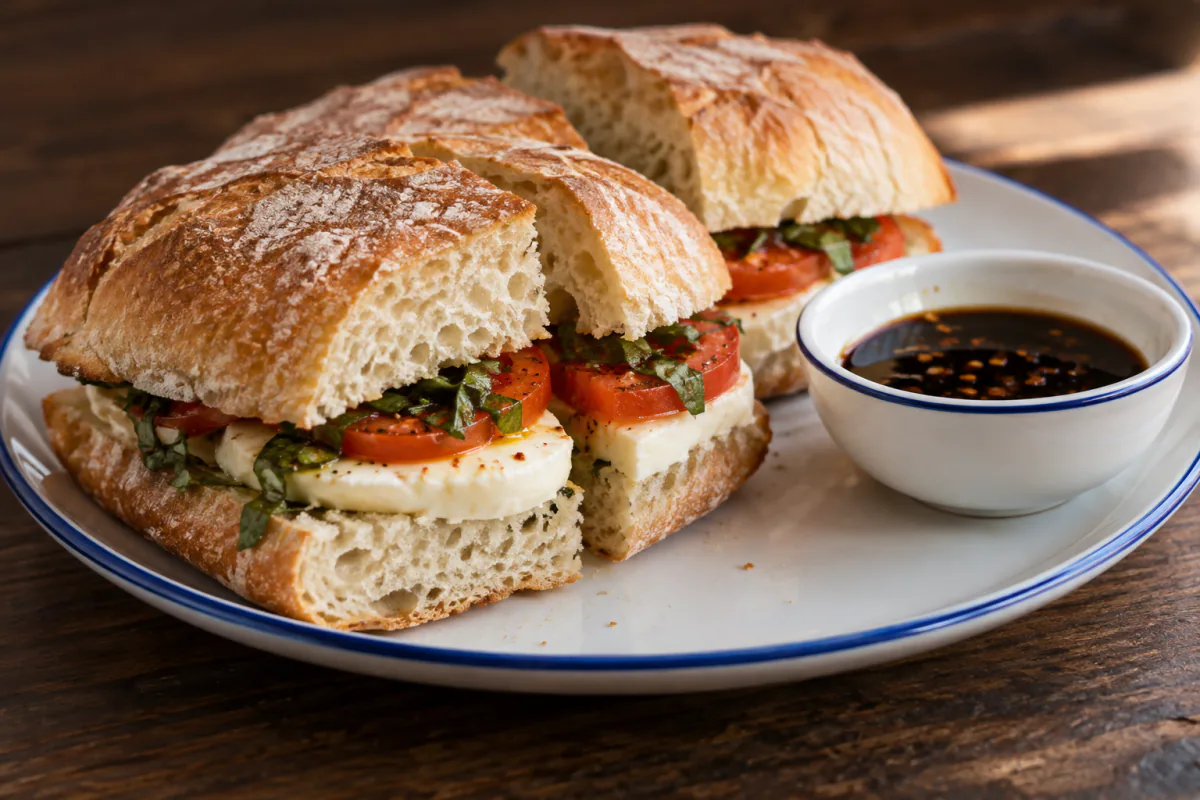 Sanduíche de mussarela com tomate e manjericão